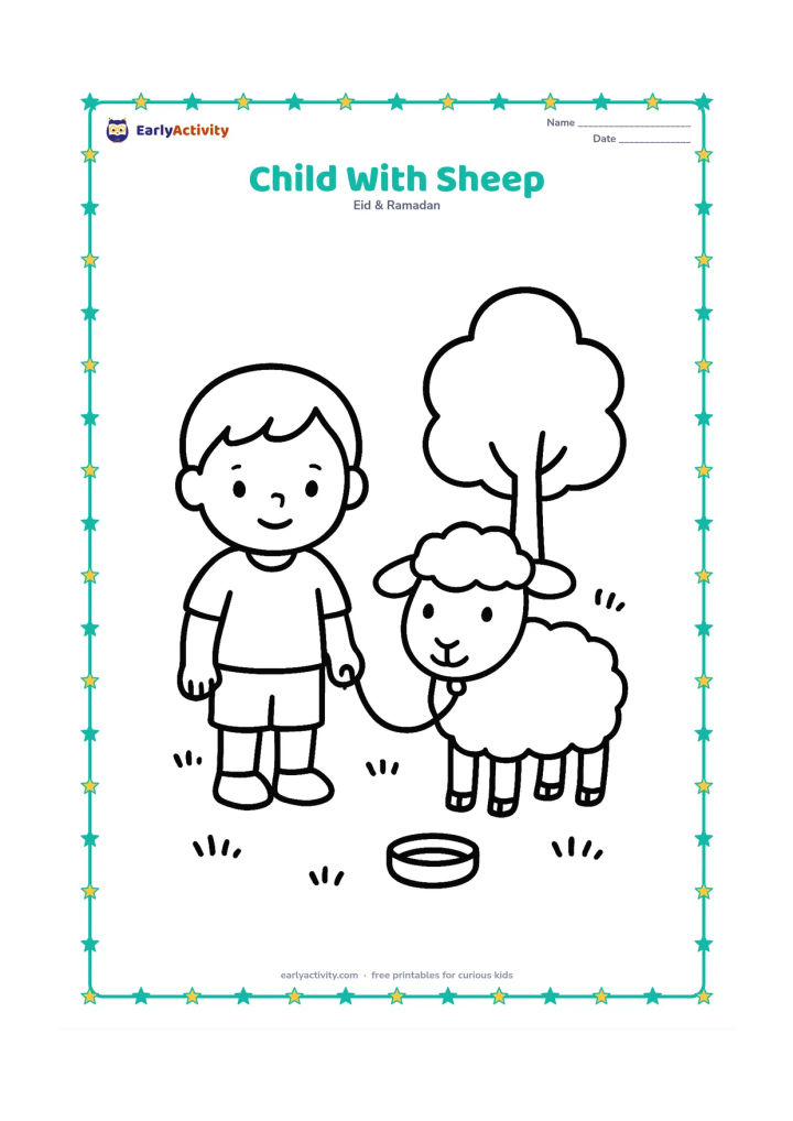 Colouring page: A child gently holds a sheep's lead in a grassy yard with one tree and a small water bowl. Place the child and sheep side by side, both facing forward.