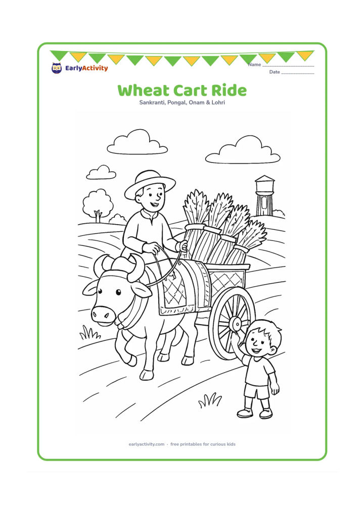 Colouring page: A farmer rides on a decorated bullock cart carrying several tied wheat bundles, while a child waves from beside the cart. Place the cart on a country road with fields, trees and a…