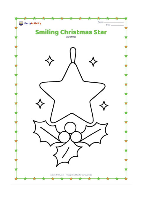 Colouring page: A large five-pointed star hangs from a short ribbon above two simple holly leaves and berries. Add a few rounded sparkle shapes around it without putting any marks inside the star.