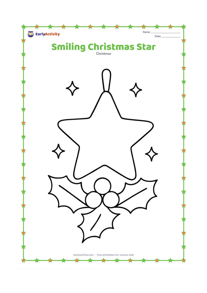 Colouring page: A large five-pointed star hangs from a short ribbon above two simple holly leaves and berries. Add a few rounded sparkle shapes around it without putting any marks inside the star.