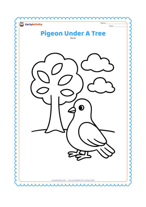 Colouring page: A pigeon sits beneath a leafy tree with its wings folded and feet resting on the ground. Include a wide tree canopy, a short trunk, and two large clouds in the background.