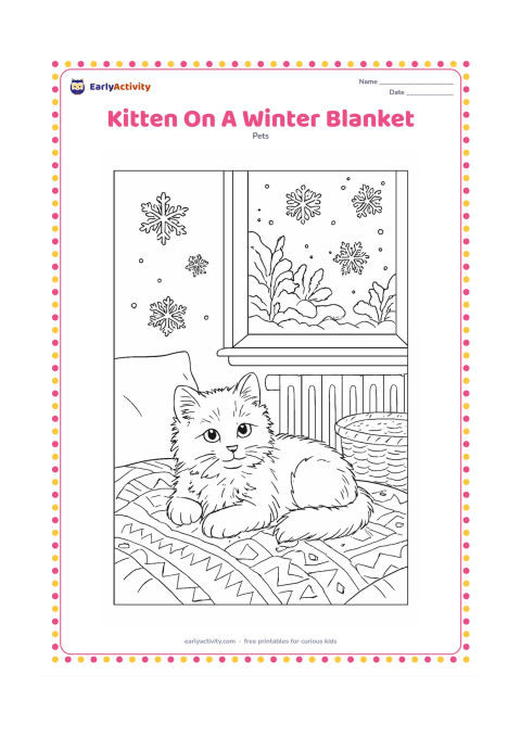 Colouring page: A fluffy kitten rests on a thick patterned blanket beside a window showing snow-covered plants. Include a cushion, a warm-looking basket, a simple radiator and snowflakes outside.