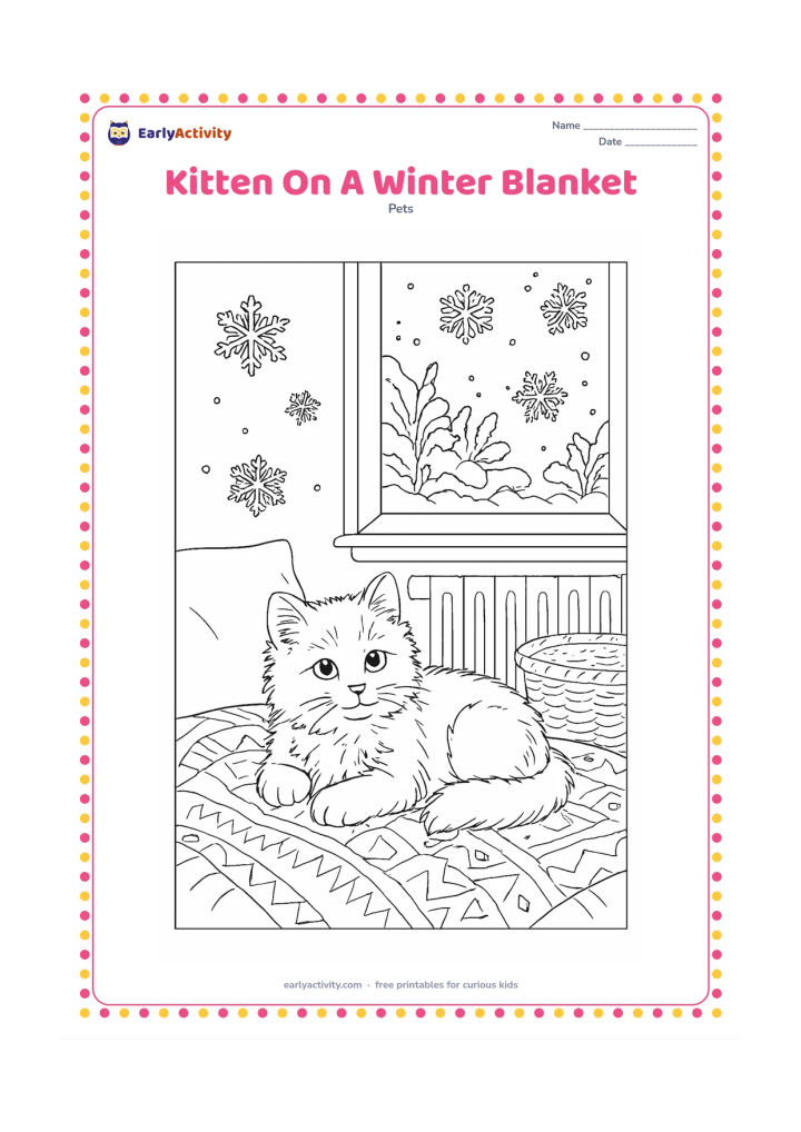 Colouring page: A fluffy kitten rests on a thick patterned blanket beside a window showing snow-covered plants. Include a cushion, a warm-looking basket, a simple radiator and snowflakes outside.