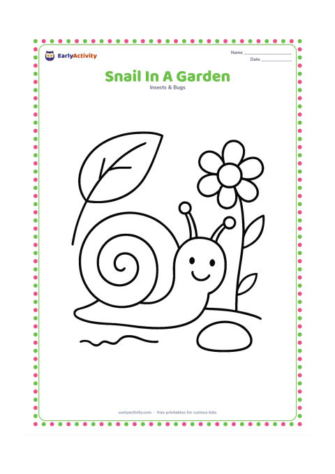 Colouring page: Draw one snail moving through a very simple garden with two large leaves, one flower, a stone and a short trail. Use a low, uncluttered composition.