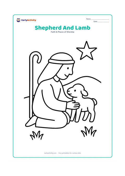 Colouring page: Show one shepherd kneeling and gently holding a small lamb near a low hillside. Place a simple crook, two tufts of grass and a large star in the background.