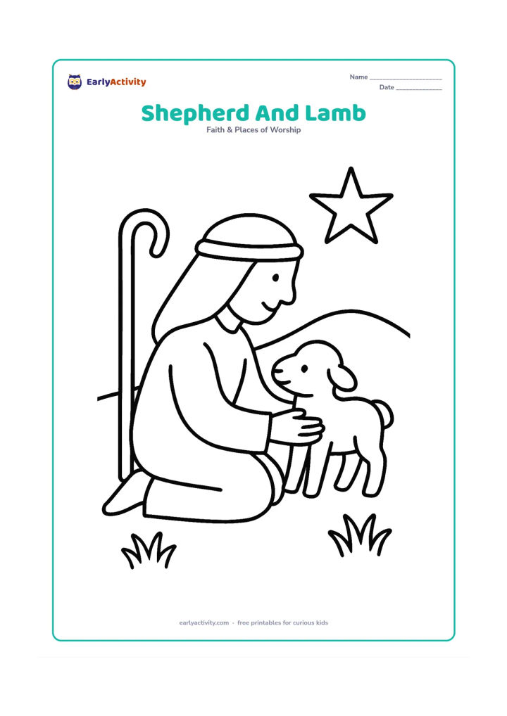 Colouring page: Show one shepherd kneeling and gently holding a small lamb near a low hillside. Place a simple crook, two tufts of grass and a large star in the background.