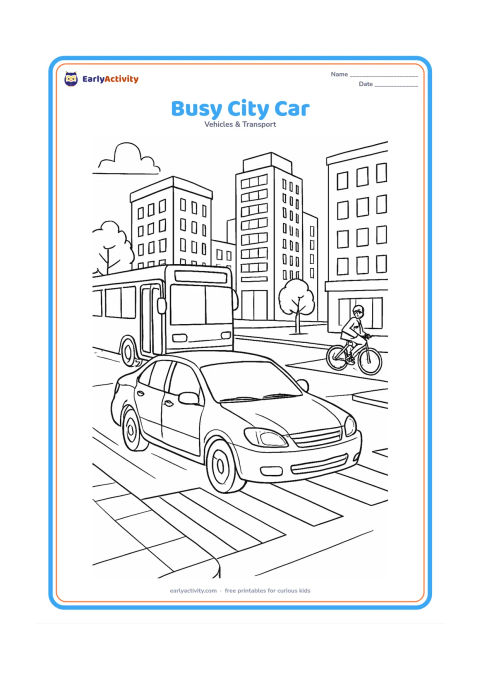 Colouring page: Draw a car moving through a lively city intersection in three-quarter front view, surrounded by a bus, a bicycle, crosswalk stripes, sidewalks, trees and tall buildings. Keep all…