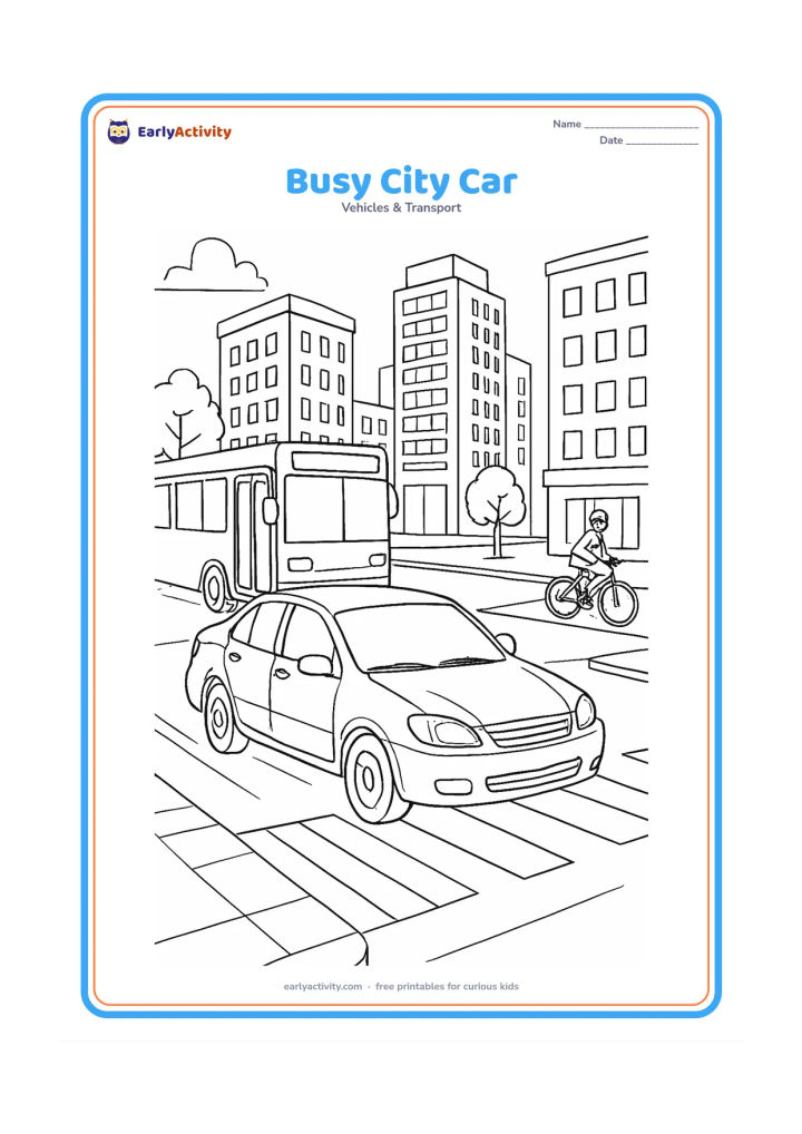 Colouring page: Draw a car moving through a lively city intersection in three-quarter front view, surrounded by a bus, a bicycle, crosswalk stripes, sidewalks, trees and tall buildings. Keep all…