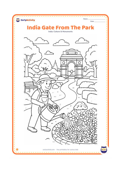 Colouring page: Show a detailed park foreground with a gardener watering flower beds, benches, trimmed hedges and a winding path leading to India Gate. Add layered trees and a distant city skyline.