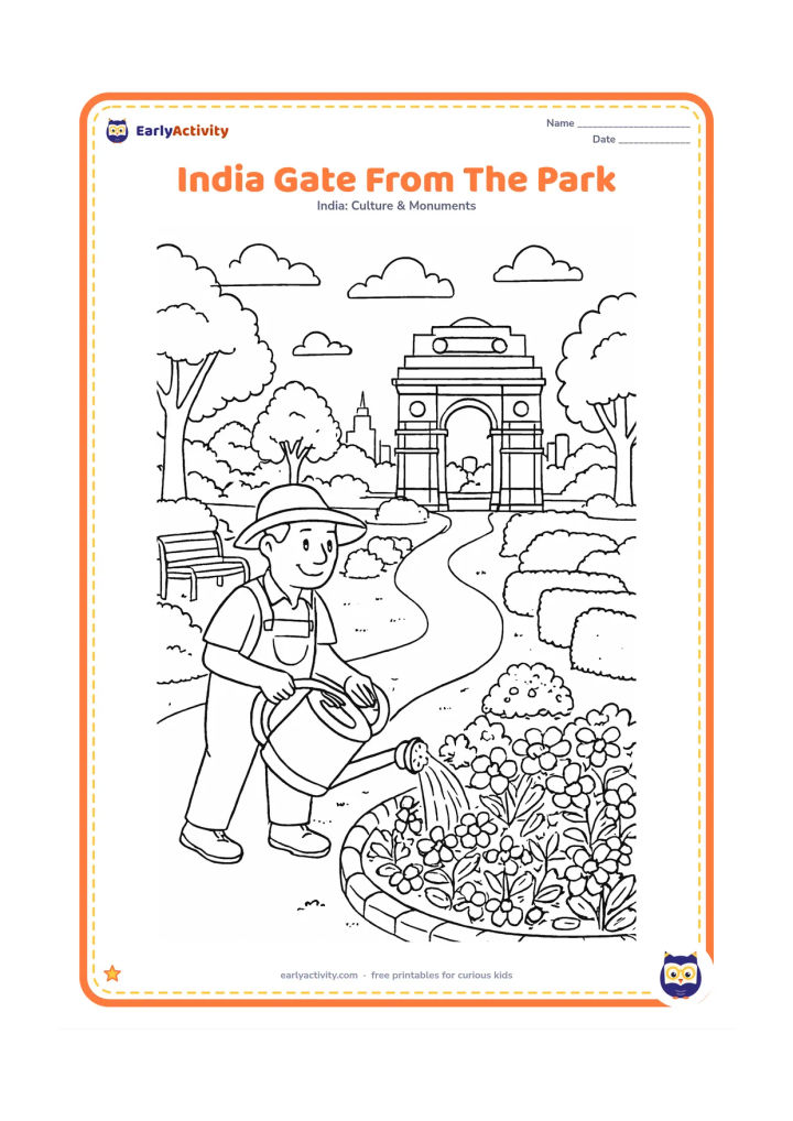 Colouring page: Show a detailed park foreground with a gardener watering flower beds, benches, trimmed hedges and a winding path leading to India Gate. Add layered trees and a distant city skyline.