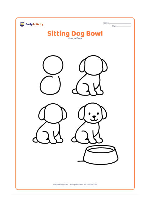 Worksheet: Show blank, unlabeled stages of a sitting puppy beside a large food bowl, beginning with circles and ovals and ending with a happy face. Use only a small ground line beneath them.