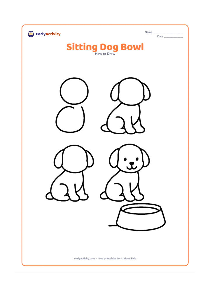 Worksheet: Show blank, unlabeled stages of a sitting puppy beside a large food bowl, beginning with circles and ovals and ending with a happy face. Use only a small ground line beneath them.
