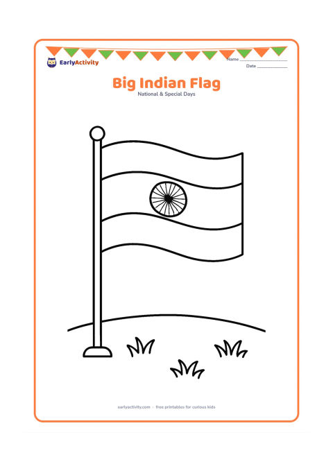 Colouring page: Draw a large Indian flag on a sturdy flagpole, waving gently above a simple grassy field. Include three broad flag bands and a clear Ashoka Chakra in the centre, with plenty of open…