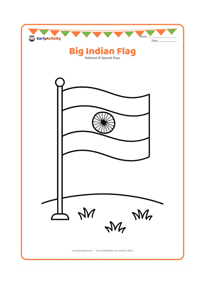 Colouring page: Draw a large Indian flag on a sturdy flagpole, waving gently above a simple grassy field. Include three broad flag bands and a clear Ashoka Chakra in the centre, with plenty of open…