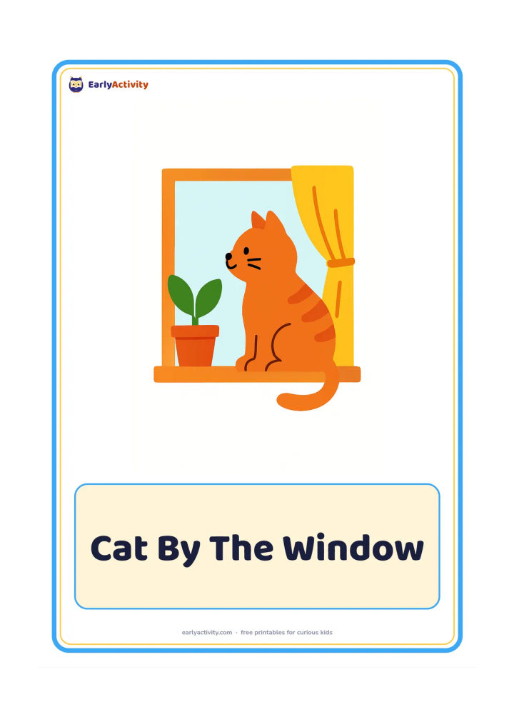 Flashcard: Draw a friendly seated cat looking out of a low window, with one potted plant and a simple curtain. Show the cat in a clear side-facing pose.