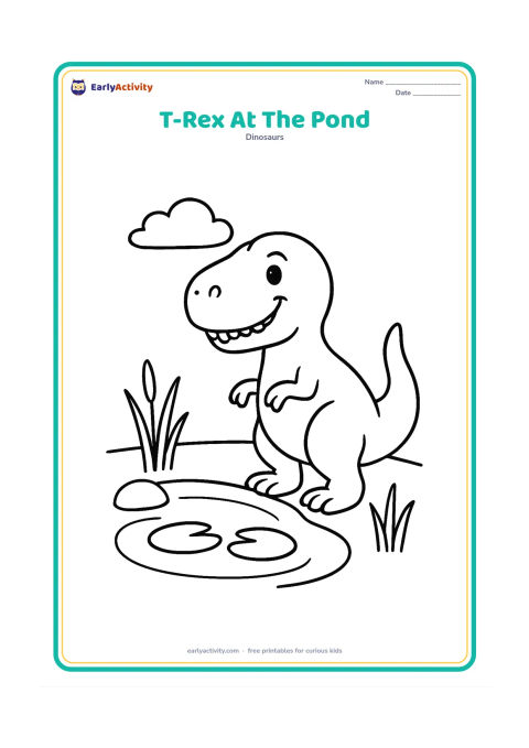 Colouring page: A smiling T-Rex leans toward a small pond with two lily pads, while its tail balances behind it. Add a few reeds, a round rock, and one cloud.