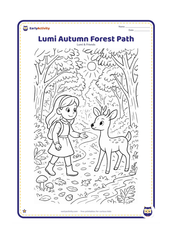 Colouring page: Lumi and a deer friend explore a winding forest path covered with leaves. Draw layered trees with changing foliage, mushrooms, acorns, ferns, a small stream and sunlight filtering…