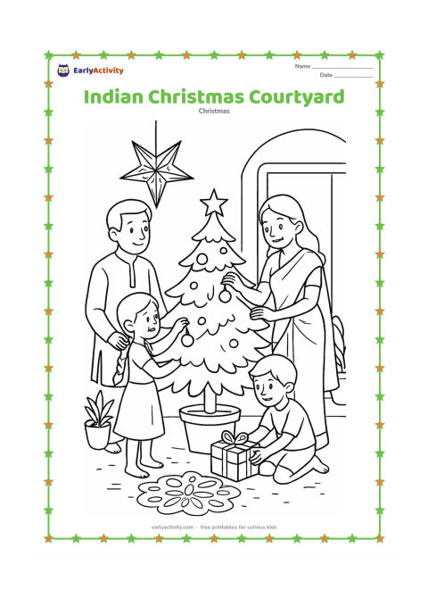 Colouring page: A family decorates a small Christmas tree in an Indian home courtyard, with a star lantern hanging above, potted plants, a doorway, and a simple rangoli pattern on the ground. One child…