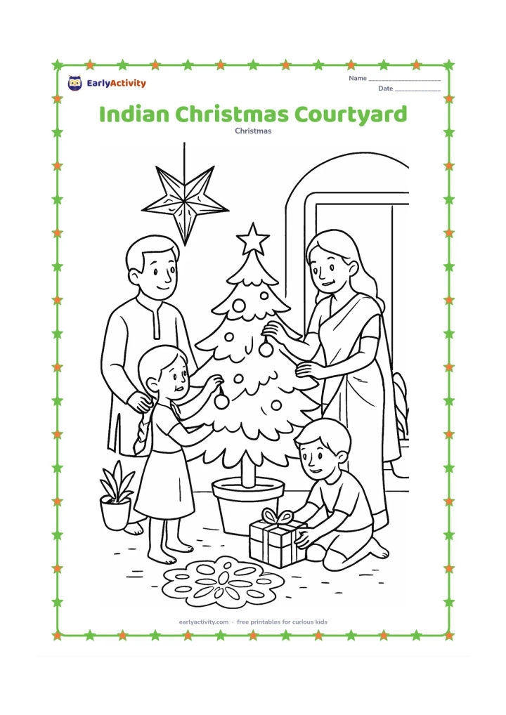 Colouring page: A family decorates a small Christmas tree in an Indian home courtyard, with a star lantern hanging above, potted plants, a doorway, and a simple rangoli pattern on the ground. One child…