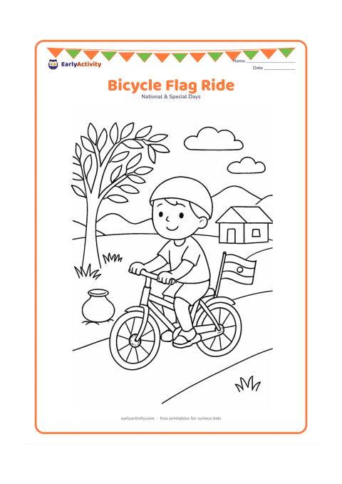 Colouring page: A child rides a bicycle slowly along a village road with a small Indian flag attached to the rear. Include a neem tree, a water pot, a simple home and distant hills.