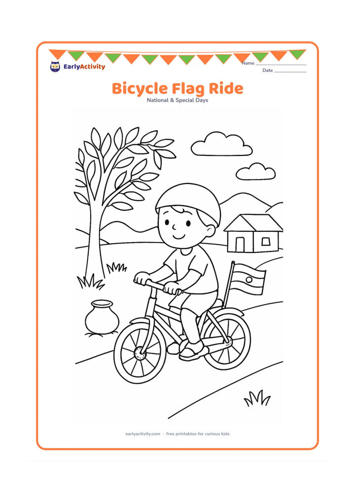 Colouring page: A child rides a bicycle slowly along a village road with a small Indian flag attached to the rear. Include a neem tree, a water pot, a simple home and distant hills.