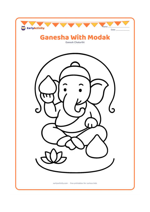 Colouring page: A friendly seated Ganesha holds one large modak in his raised hand, with a second modak beside him. Add only a small lotus and a curved decorative border around the figure.