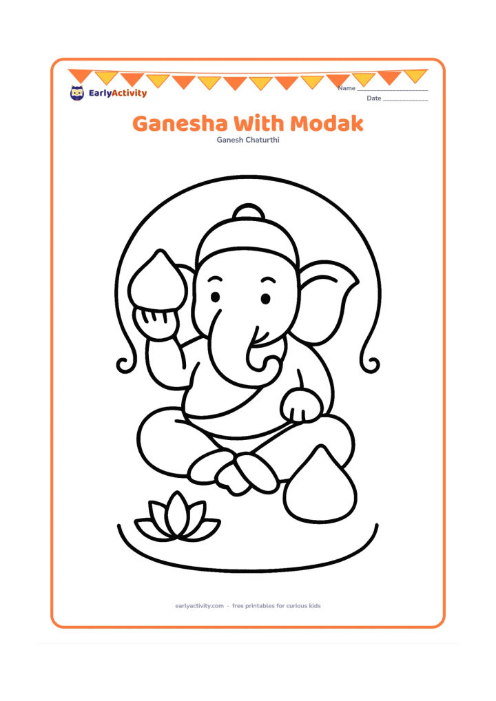 Colouring page: A friendly seated Ganesha holds one large modak in his raised hand, with a second modak beside him. Add only a small lotus and a curved decorative border around the figure.