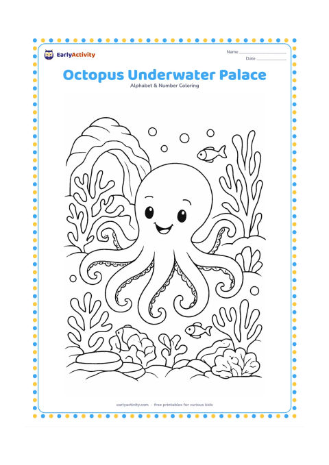 Colouring page: Draw a smiling octopus exploring a coral reef with a shell arch, sea fans, small fish, bubbles and layered rocks. Arrange the eight arms around the scene so each remains visible.