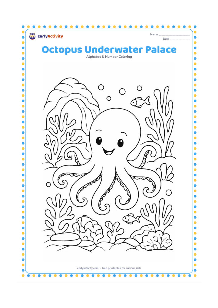 Colouring page: Draw a smiling octopus exploring a coral reef with a shell arch, sea fans, small fish, bubbles and layered rocks. Arrange the eight arms around the scene so each remains visible.