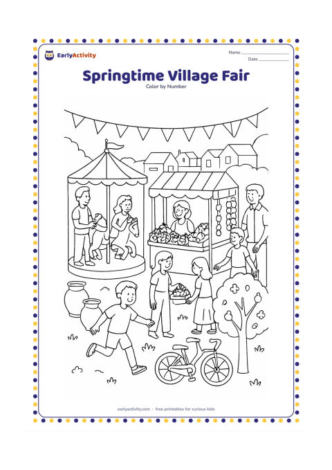 Colouring page: Draw families enjoying a village fair with a small carousel, a fruit stall, a flower garland booth, and children playing near a decorated tree. Add bunting, clay pots, a bicycle, and…