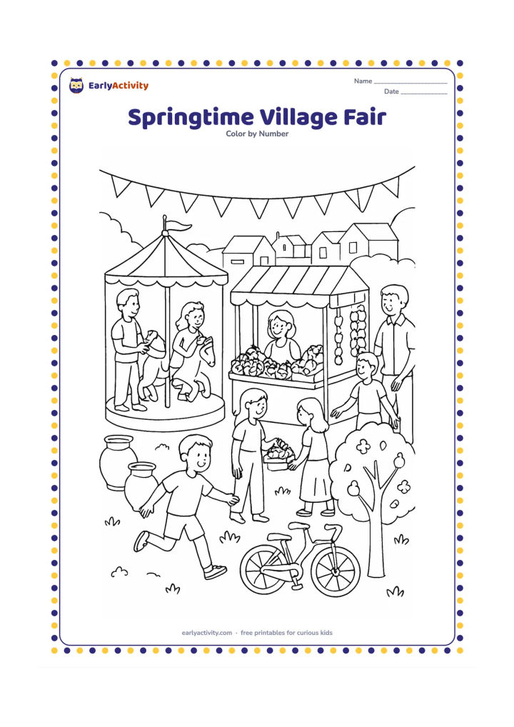 Colouring page: Draw families enjoying a village fair with a small carousel, a fruit stall, a flower garland booth, and children playing near a decorated tree. Add bunting, clay pots, a bicycle, and…