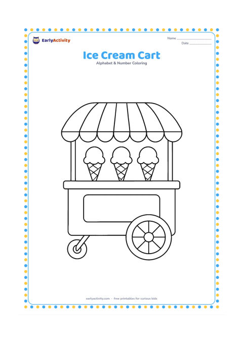 Colouring page: Draw a cheerful ice cream cart with a striped canopy, a serving window, three large cones, and a small bicycle wheel. Keep the cart sign blank.