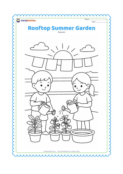 Colouring page: Draw two children watering plants in pots on an Indian rooftop at sunset. Include a low parapet, tomato plants, a small water tub, drying clothes without patterns, and a large setting sun.