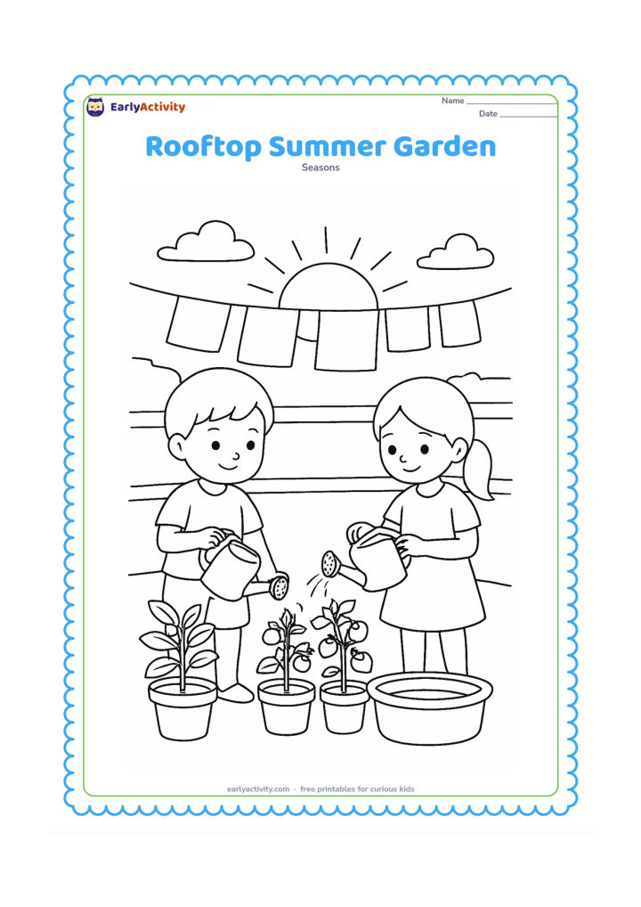 Colouring page: Draw two children watering plants in pots on an Indian rooftop at sunset. Include a low parapet, tomato plants, a small water tub, drying clothes without patterns, and a large setting sun.