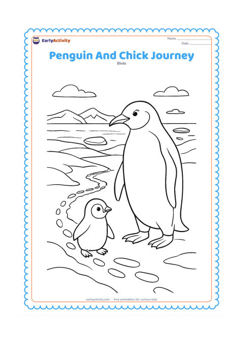Colouring page: Draw an adult penguin leading a chick across a broad snowy landscape toward the sea, with a winding footprint trail, snow ridges, distant mountains, and several ice fragments. Show the…