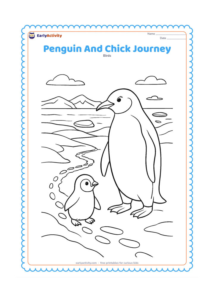 Colouring page: Draw an adult penguin leading a chick across a broad snowy landscape toward the sea, with a winding footprint trail, snow ridges, distant mountains, and several ice fragments. Show the…