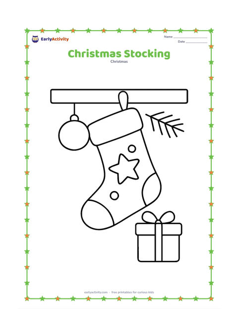 Colouring page: A large Christmas stocking hangs from a simple mantel, with a round ornament, a small evergreen branch and one gift underneath. Leave the stocking mostly open for colouring.