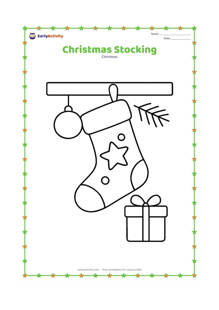Colouring page: A large Christmas stocking hangs from a simple mantel, with a round ornament, a small evergreen branch and one gift underneath. Leave the stocking mostly open for colouring.