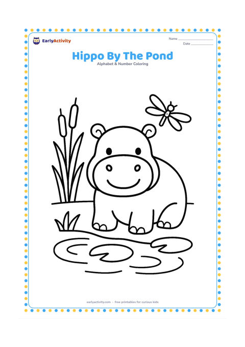 Colouring page: A friendly hippo rests at the edge of a small pond with reeds, two lily pads, and a dragonfly nearby. Show only a few large water ripples and keep the scene welcoming.