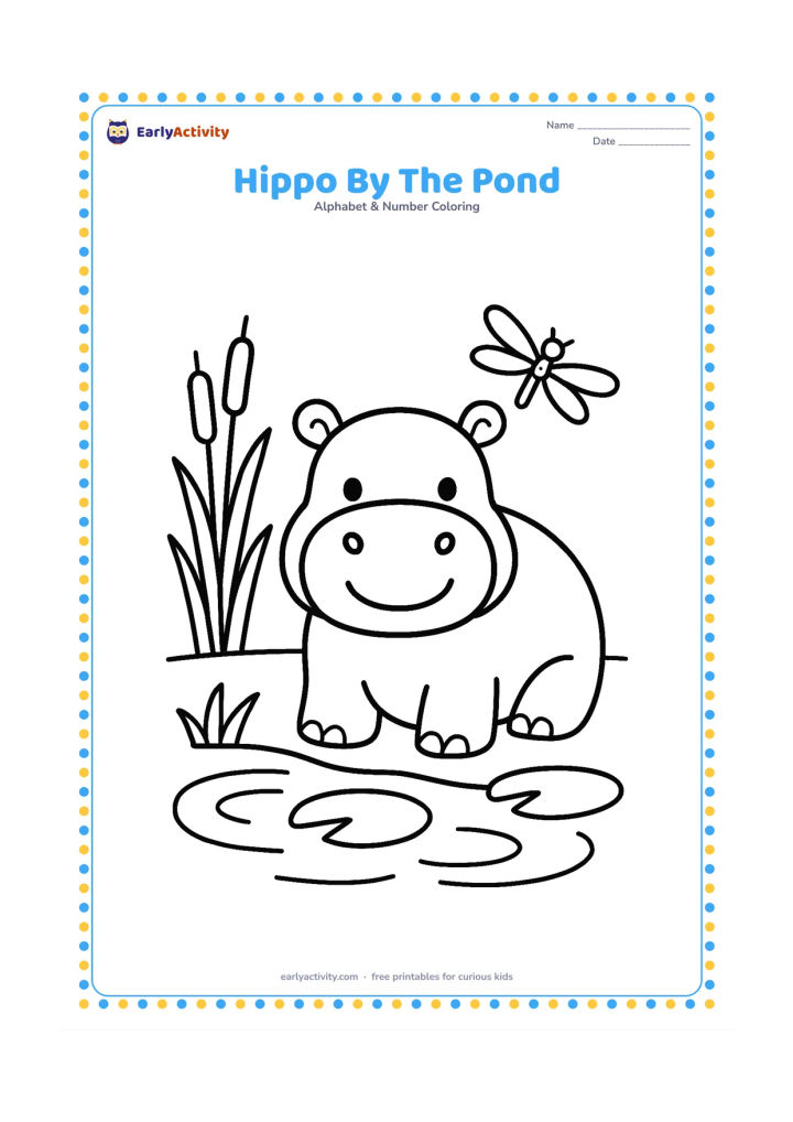 Colouring page: A friendly hippo rests at the edge of a small pond with reeds, two lily pads, and a dragonfly nearby. Show only a few large water ripples and keep the scene welcoming.