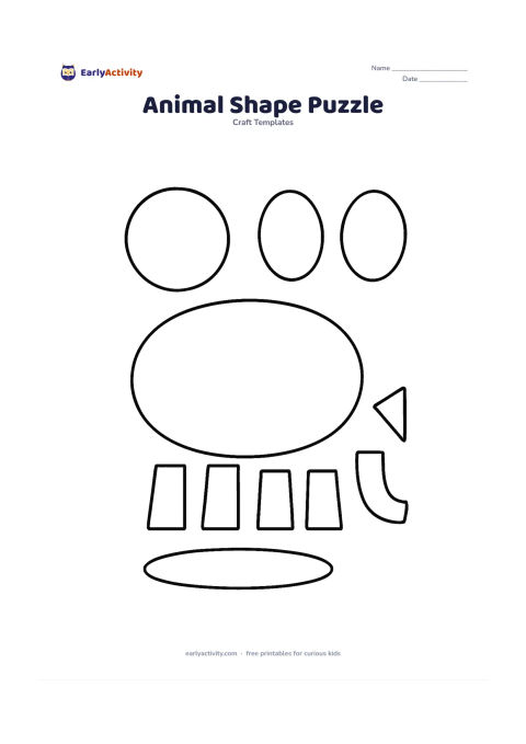 Worksheet: Create separate geometric pieces that can form a friendly standing elephant: a large oval body, circle head, oval ears, rectangle legs, a curved trunk piece and a triangle tail. Add a…