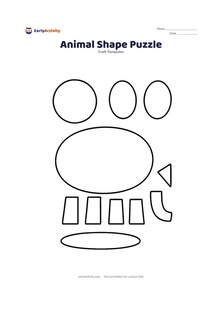 Worksheet: Create separate geometric pieces that can form a friendly standing elephant: a large oval body, circle head, oval ears, rectangle legs, a curved trunk piece and a triangle tail. Add a…