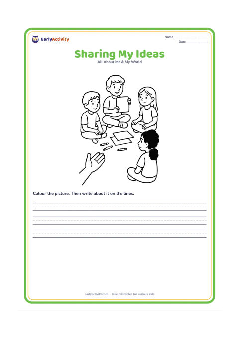 Worksheet: A child sits with a small group of classmates in a circle and holds up a blank picture card while the others listen. Place crayons, drawing sheets and a teacher's open hands nearby in a…