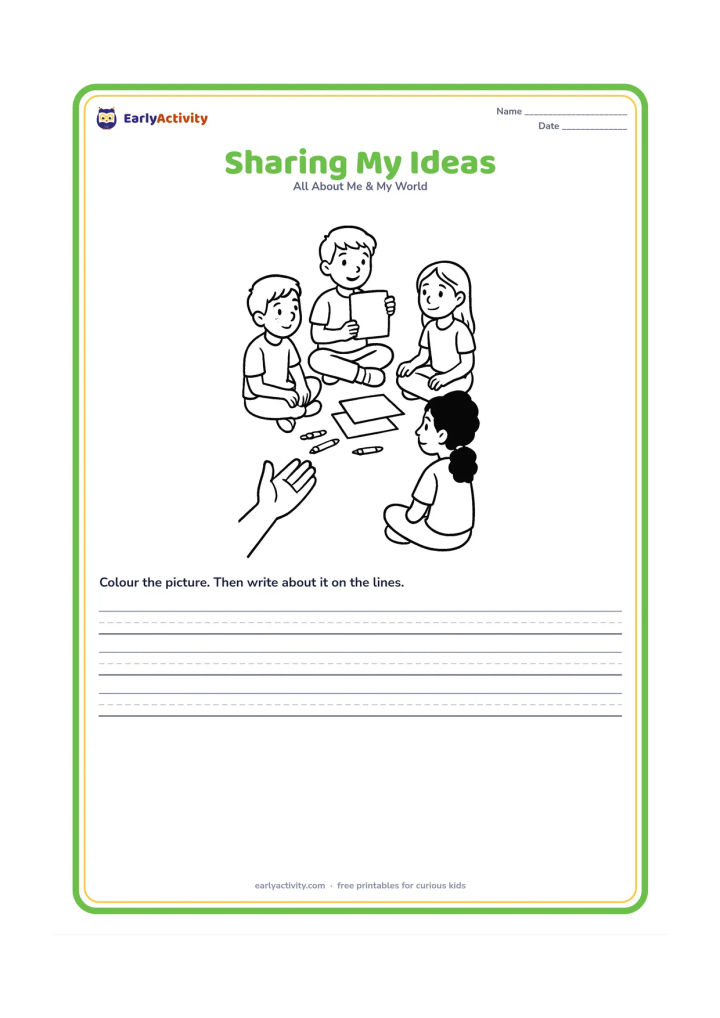 Worksheet: A child sits with a small group of classmates in a circle and holds up a blank picture card while the others listen. Place crayons, drawing sheets and a teacher's open hands nearby in a…