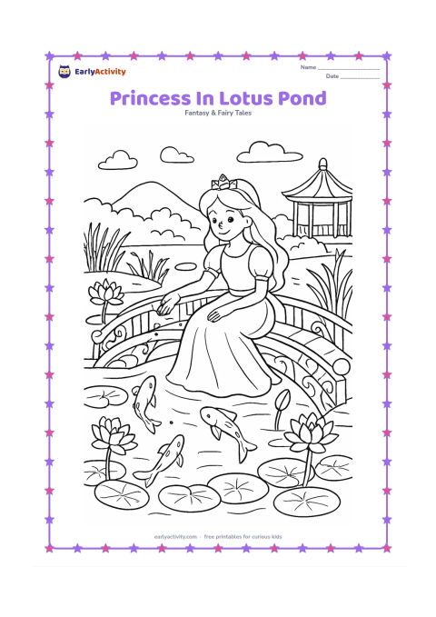 Colouring page: Draw a princess sitting on a carved-looking garden bridge and feeding fish in a lotus pond. Include lotus blossoms, lily pads, reeds, a small pavilion, and reflections in the water.
