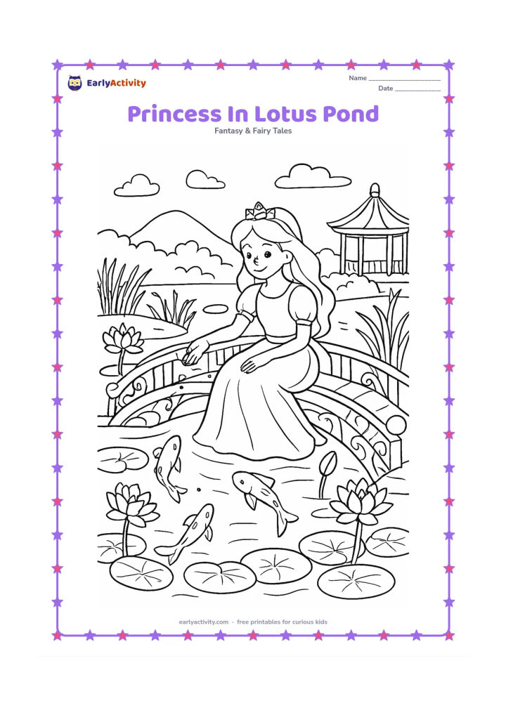 Colouring page: Draw a princess sitting on a carved-looking garden bridge and feeding fish in a lotus pond. Include lotus blossoms, lily pads, reeds, a small pavilion, and reflections in the water.
