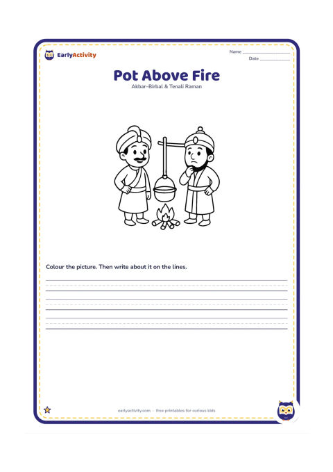 Printable: Show Birbal beside a tiny ground fire with a cooking pot hanging very high above it on a tall support. Akbar stands nearby looking puzzled.