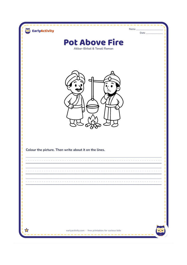 Printable: Show Birbal beside a tiny ground fire with a cooking pot hanging very high above it on a tall support. Akbar stands nearby looking puzzled.