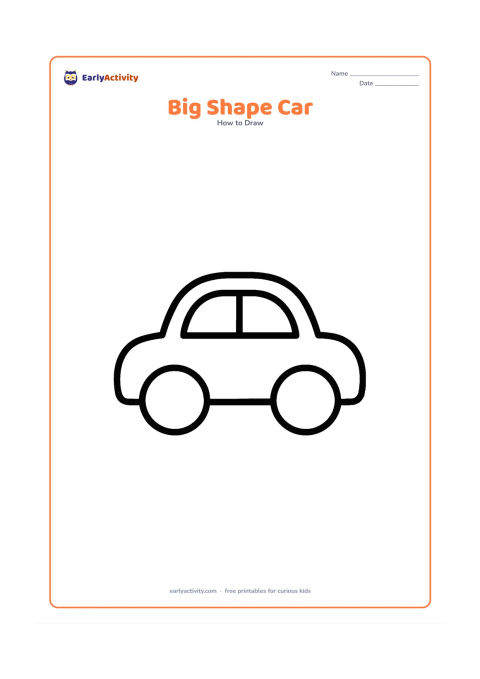 Worksheet: Show one large side-view car built from a rounded rectangle body, two big circles for wheels, and a curved roof. Leave generous blank space around it for tracing or copying.