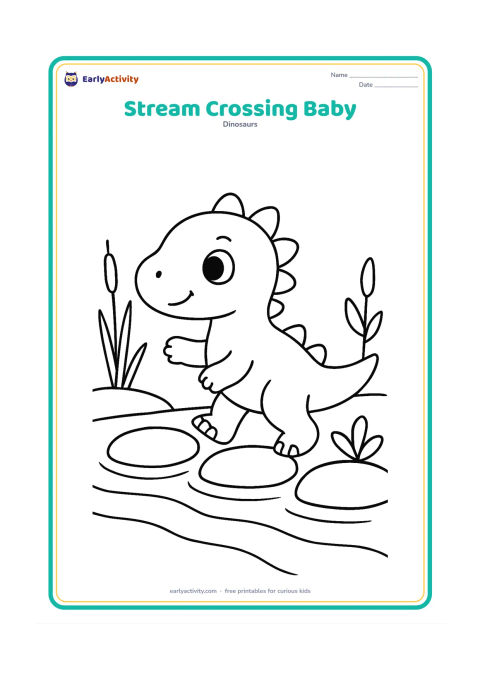 Colouring page: Draw a baby dinosaur stepping across a shallow stream using three large stepping stones. Add two reeds and a simple leafy plant on each bank.